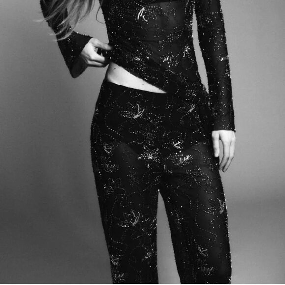 NWT SIZE SMALL BEADED SEQUIN SEMI-SHEER PANTS BLACK SILVER ZARA 4813/815/717 - Picture 6 of 7